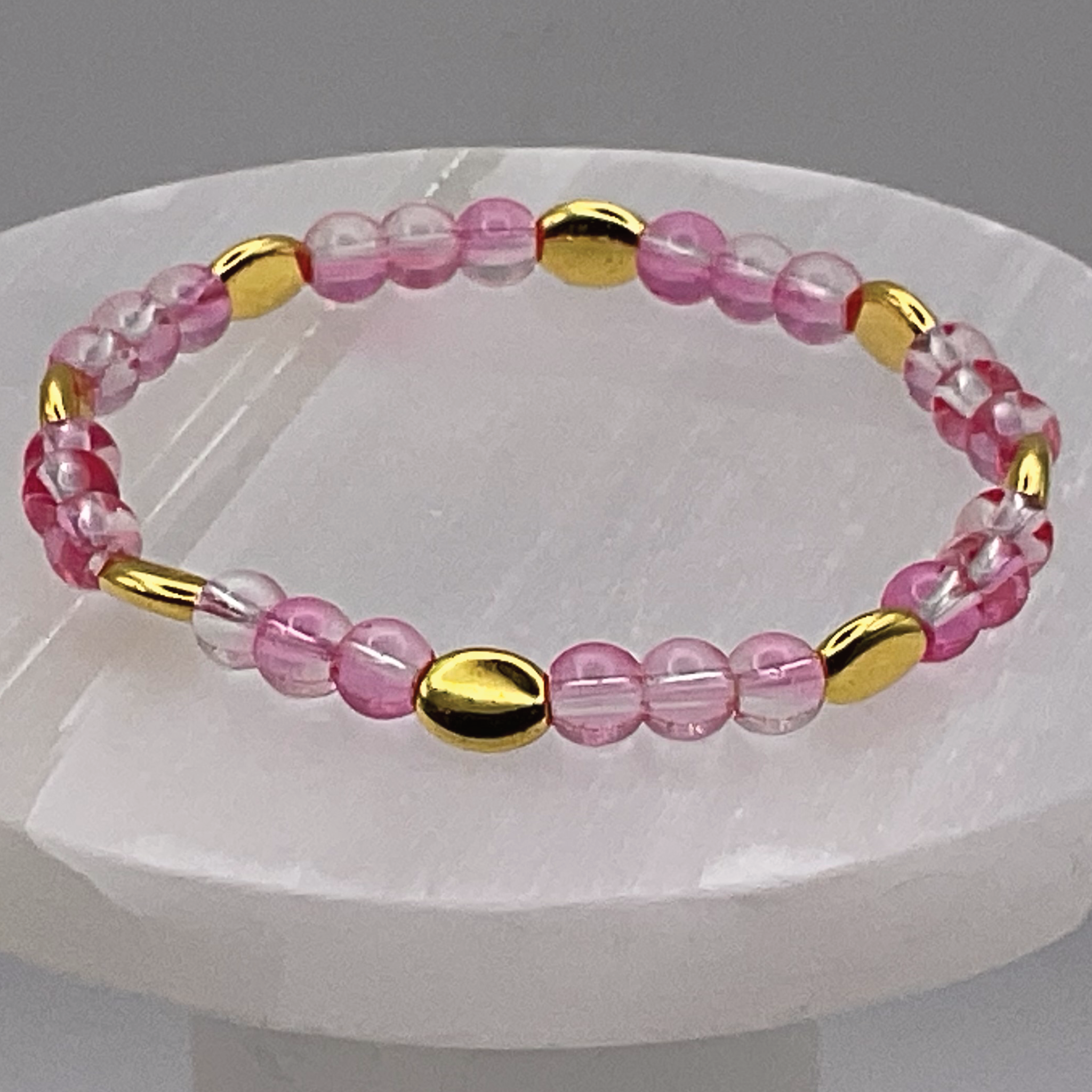 Pink Clear Glass Bracelet with Gold Disc Spacers