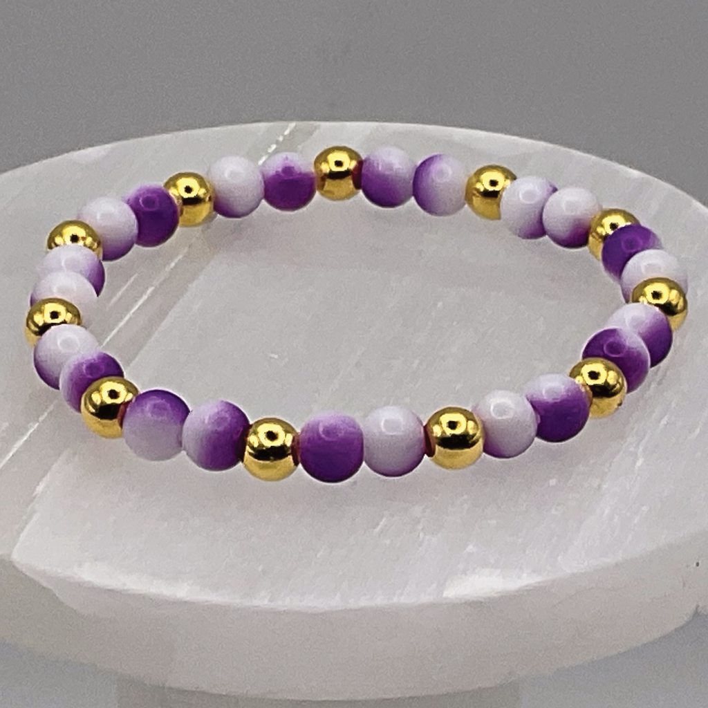 Purple White Glass Bracelet with Gold Spacers