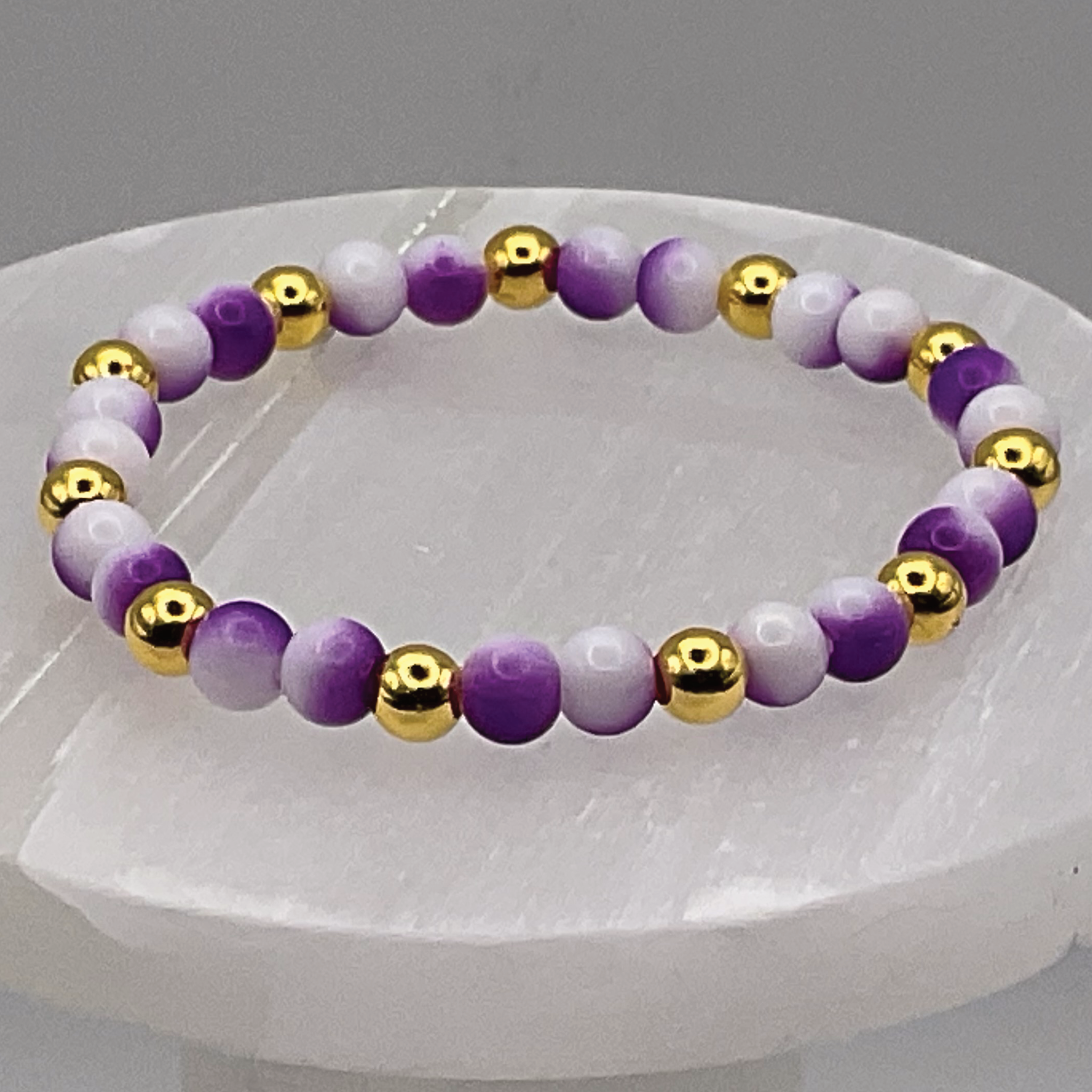 Purple White Glass Bracelet with Gold Spacers