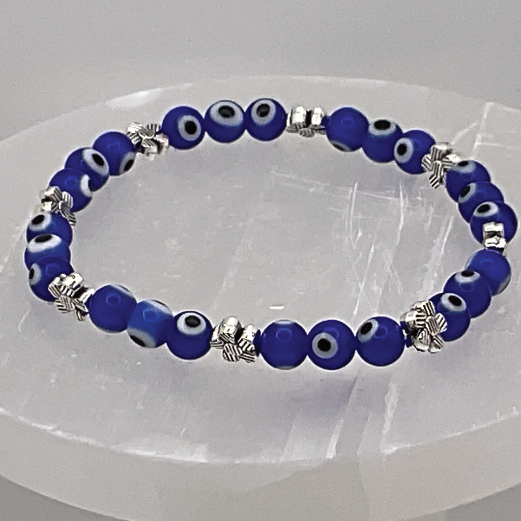 Blue Sea Glass Evil Eye Bracelet with Silver Flower Spacers