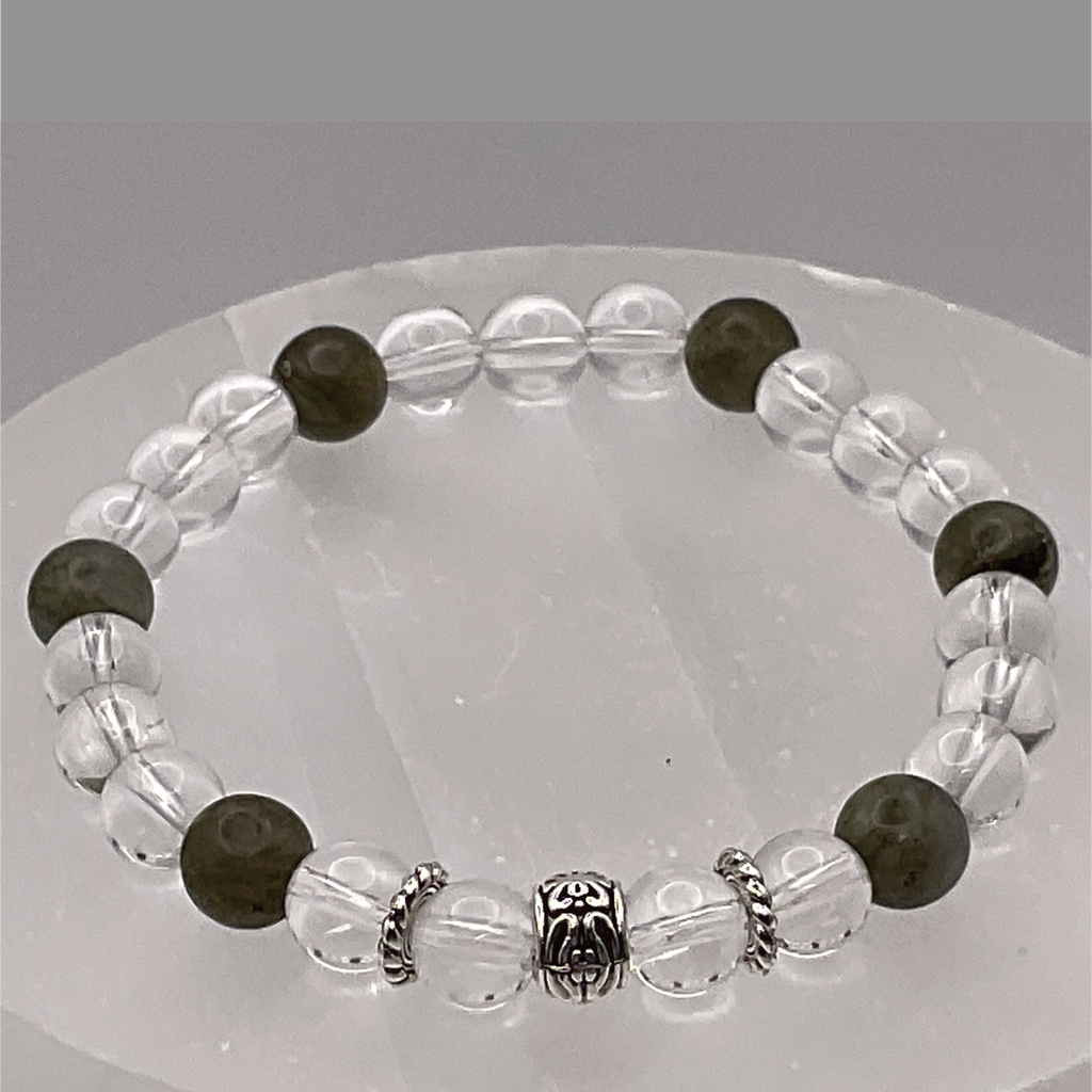 Clear Quartz Green Jasper Bracelet with Silver Tone Spacers