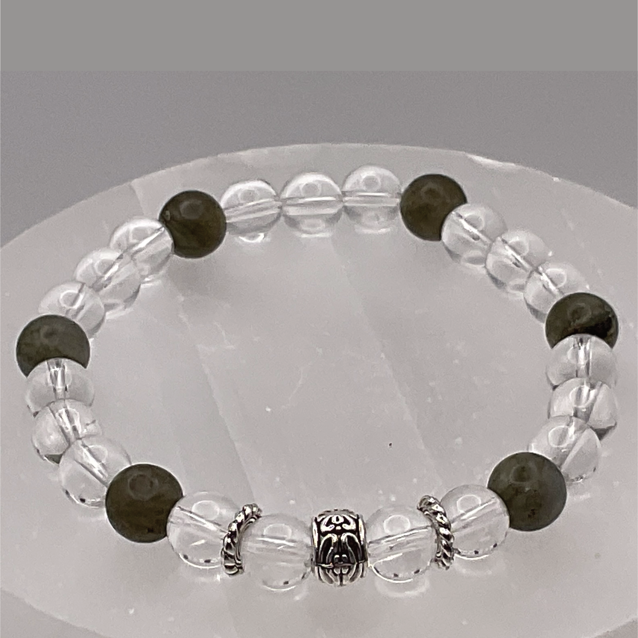 Clear Quartz Green Jasper Bracelet with Silver Tone Spacers