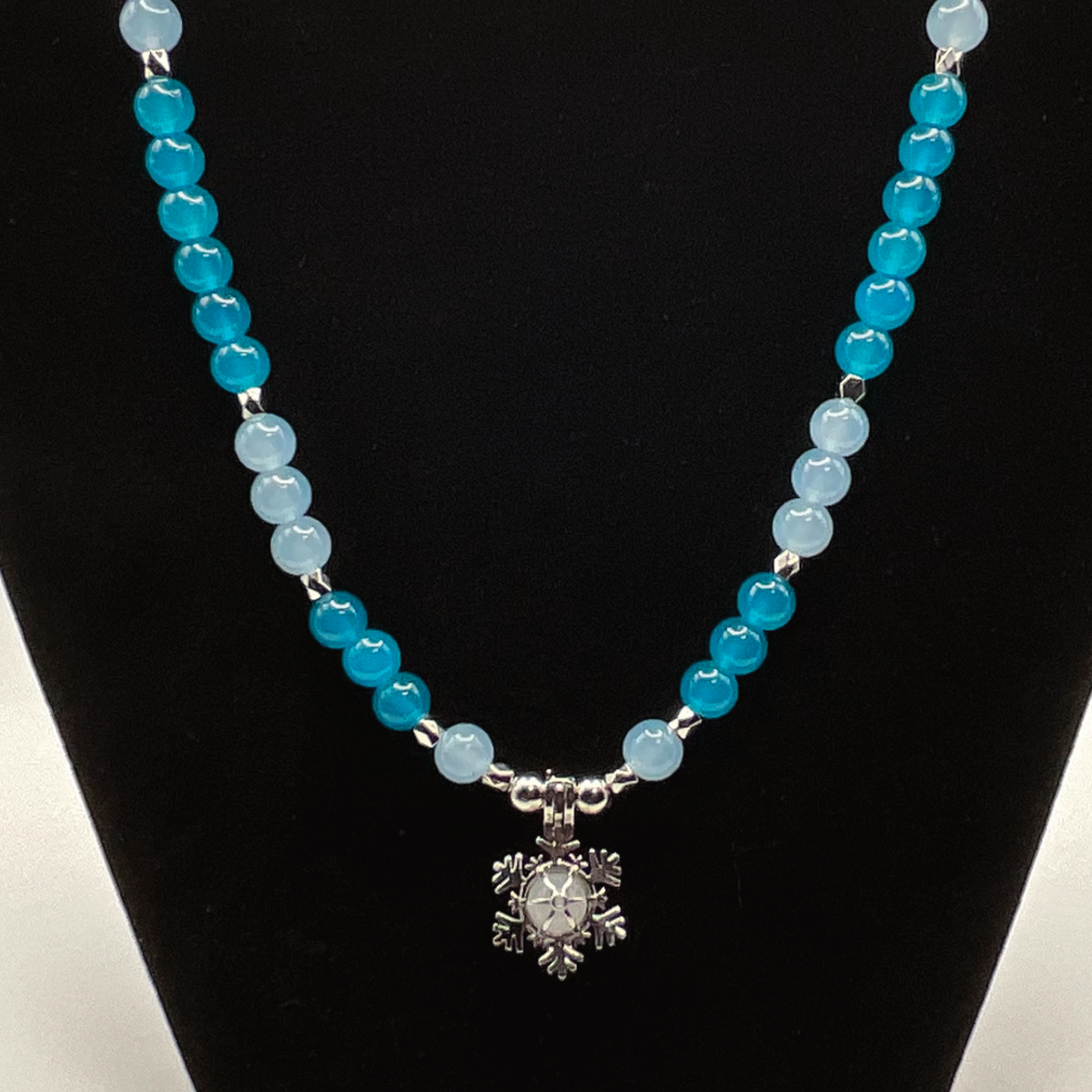 22" Multi-Blue Snowflake Charm Glass Necklace with Silver Spacers