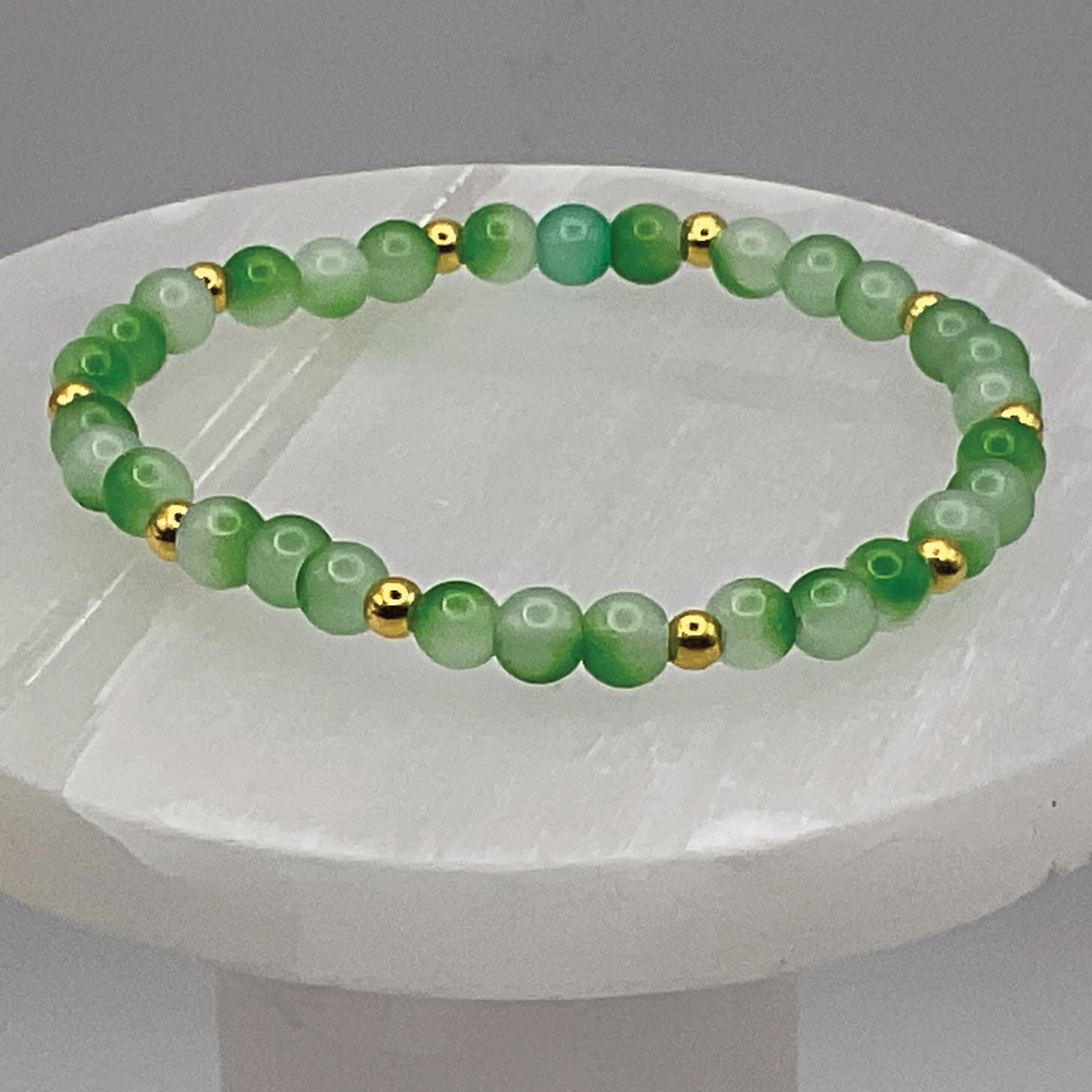 Cloudy Green Glass Bracelet with Gold Spacers