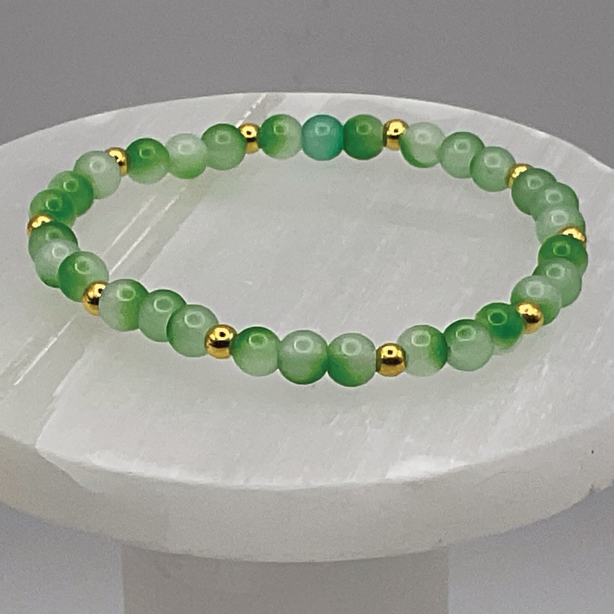 Cloudy Green Glass Bracelet with Gold Spacers