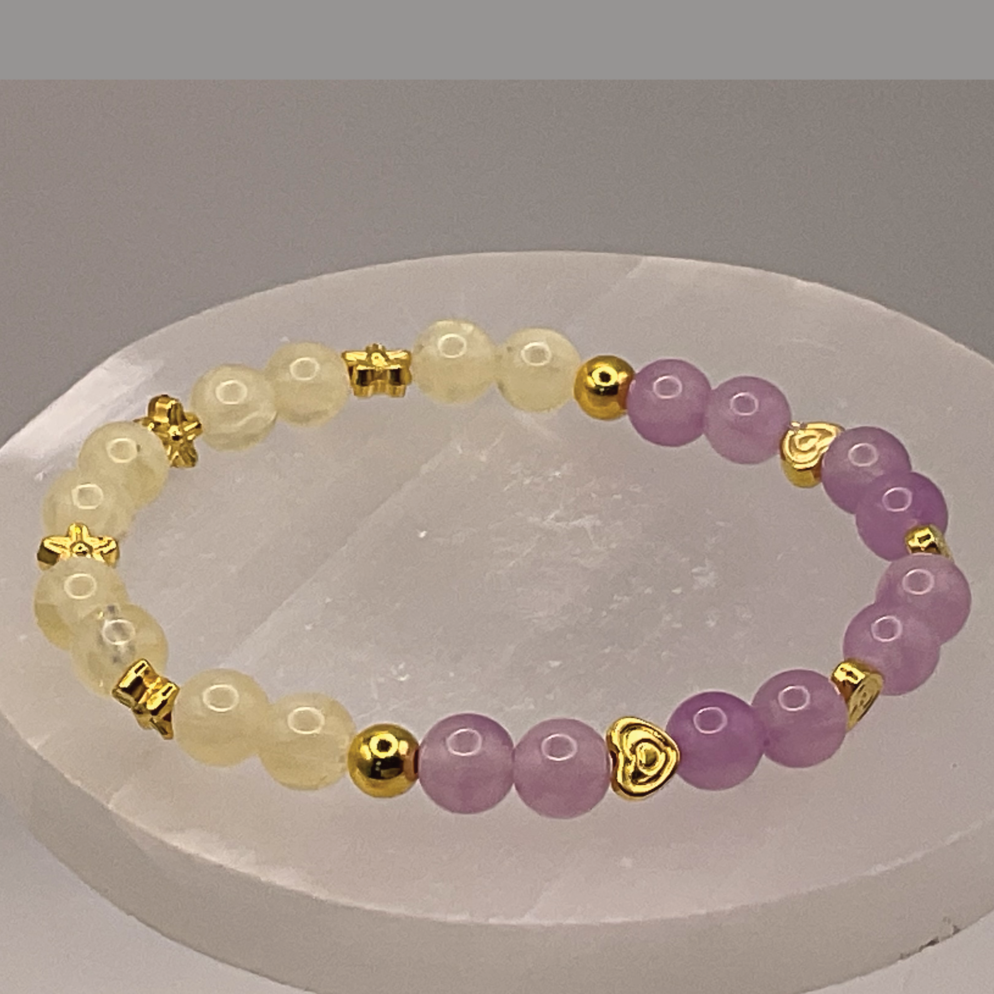 Rose Quartz Citrine Hearts Bracelet with Gold Tone Star Spacers