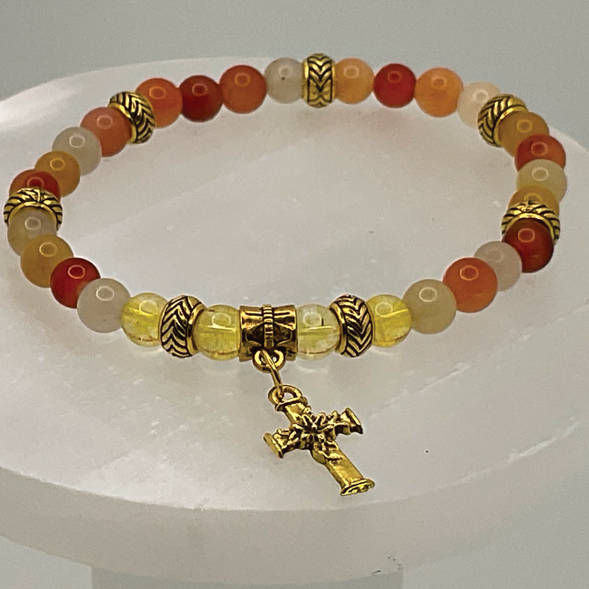 Oriental Agate Citrine Holy Cross Charm Bracelet with Gold Spacers