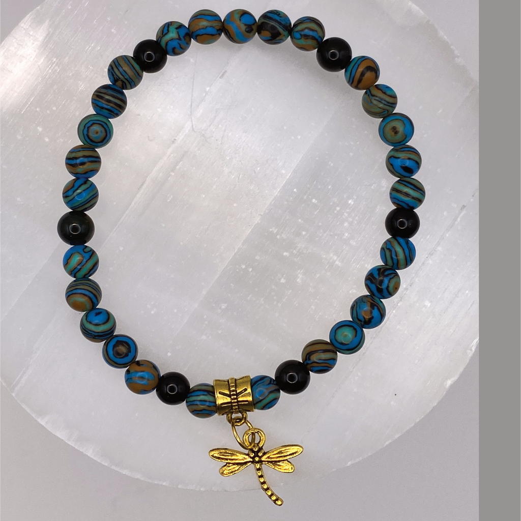 Rainbow Calsilica Dragon Vein Agate Dragonfly Charm Bracelet