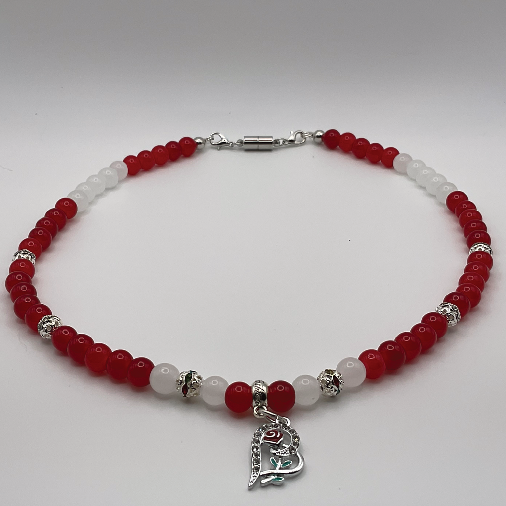 20" Red Milky White Red Rose Glass Necklace with Silver Spacers