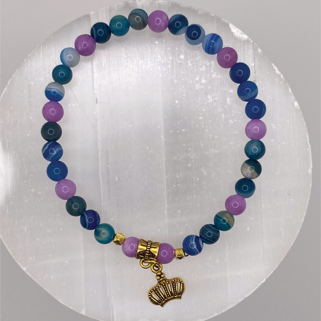 Multicolored Dragon Vein Agate Crown Charm Bracelet with Gold Tone Spacers