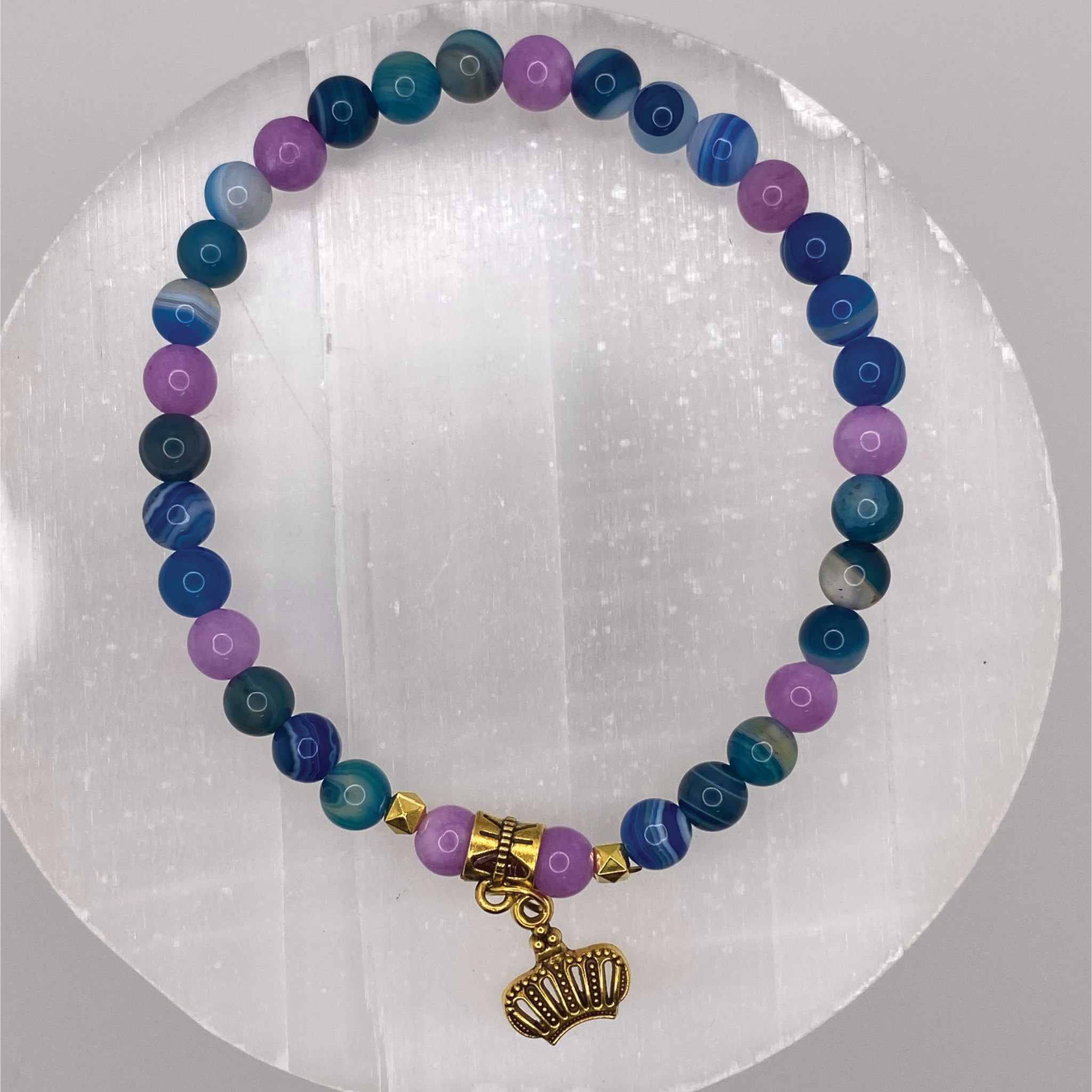 Multicolored Dragon Vein Agate Crown Charm Bracelet with Gold Tone Spacers