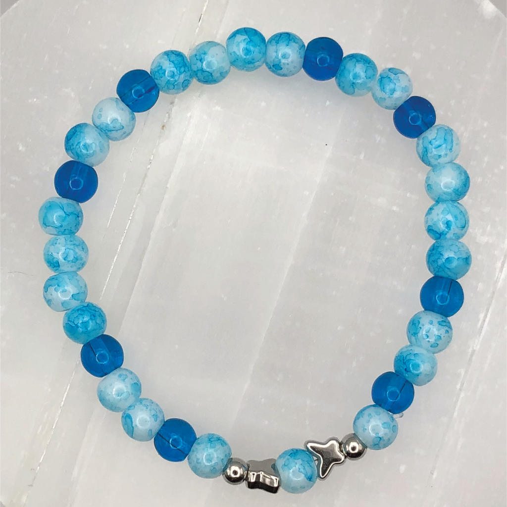 Dark and Light Blue Glass Silver Butterfly Bracelet
