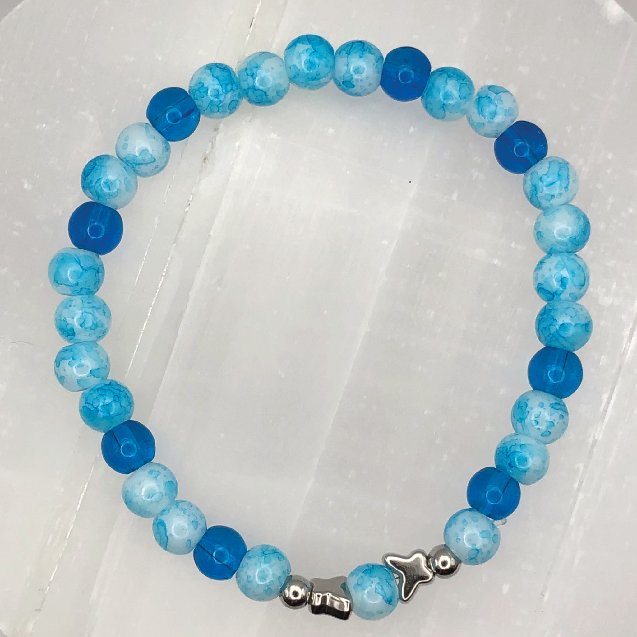Dark and Light Blue Glass Silver Butterfly Bracelet