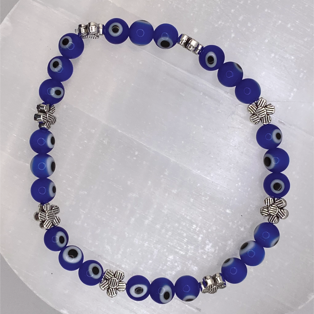 Blue Sea Glass Evil Eye Bracelet with Silver Flower Spacers