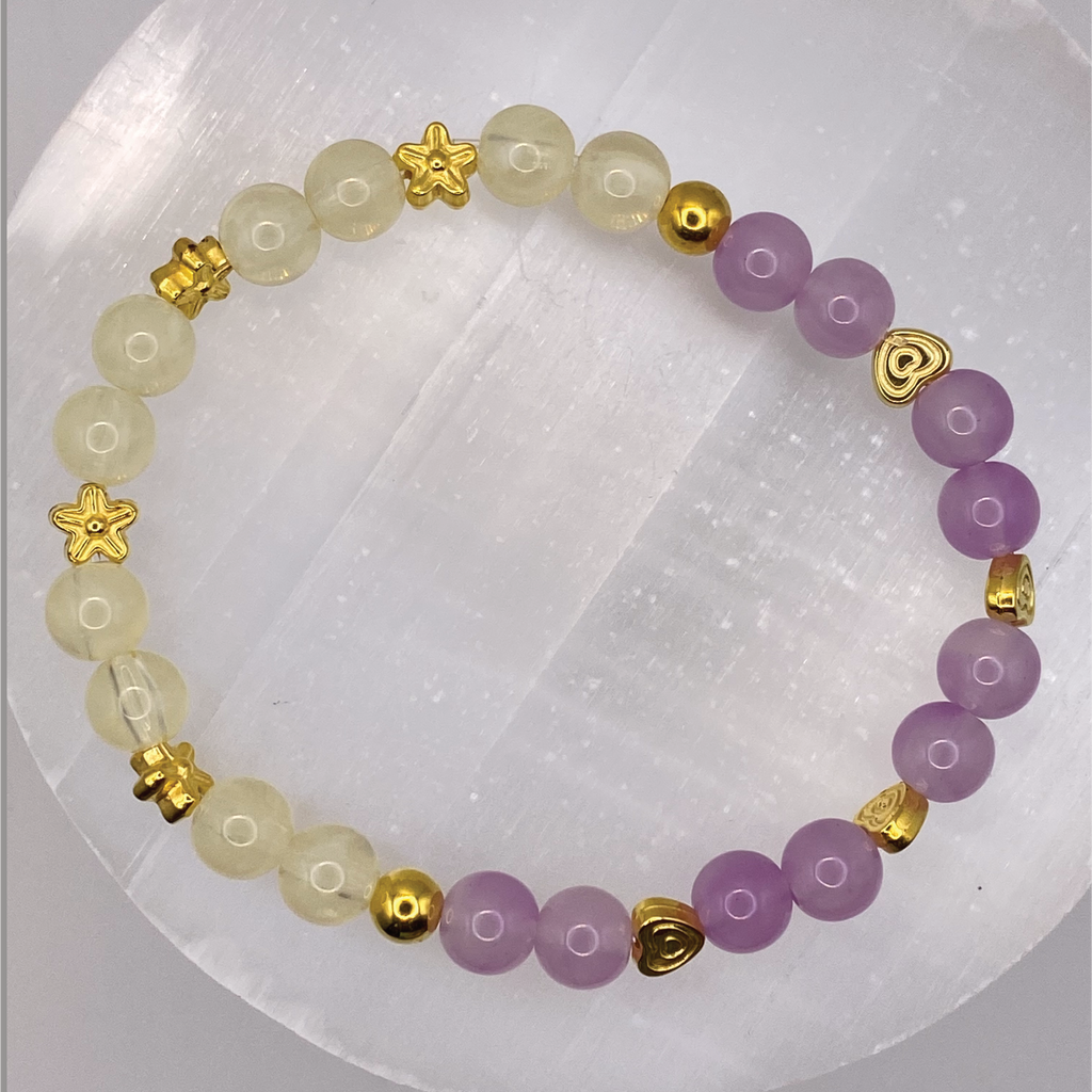 Rose Quartz Citrine Hearts Bracelet with Gold Tone Star Spacers