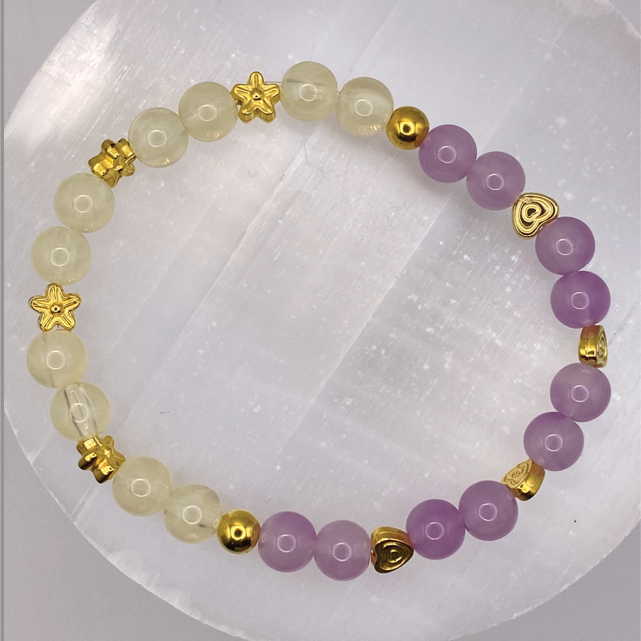 Rose Quartz Citrine Hearts Bracelet with Gold Tone Star Spacers