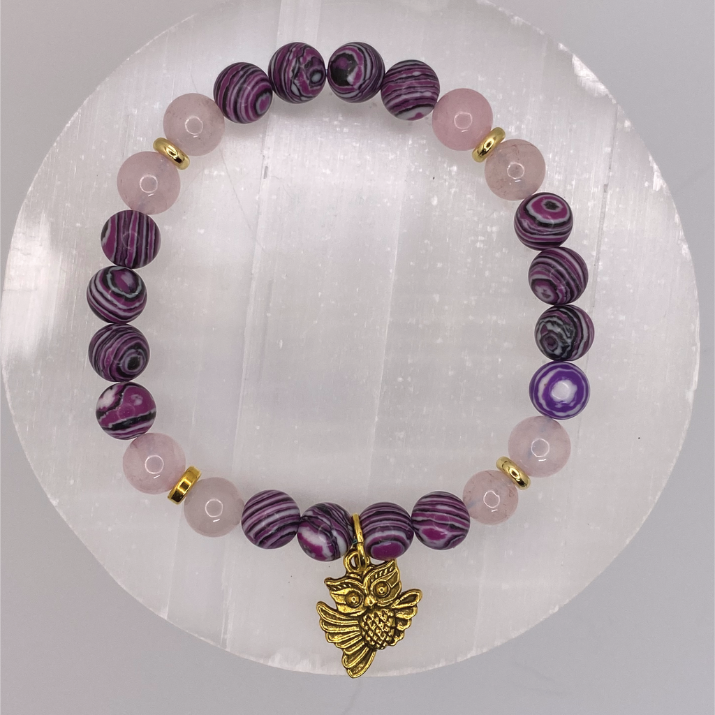 Purple Dragon Vein Rose Quartz Owl Charm Bracelet with Gold Spacers
