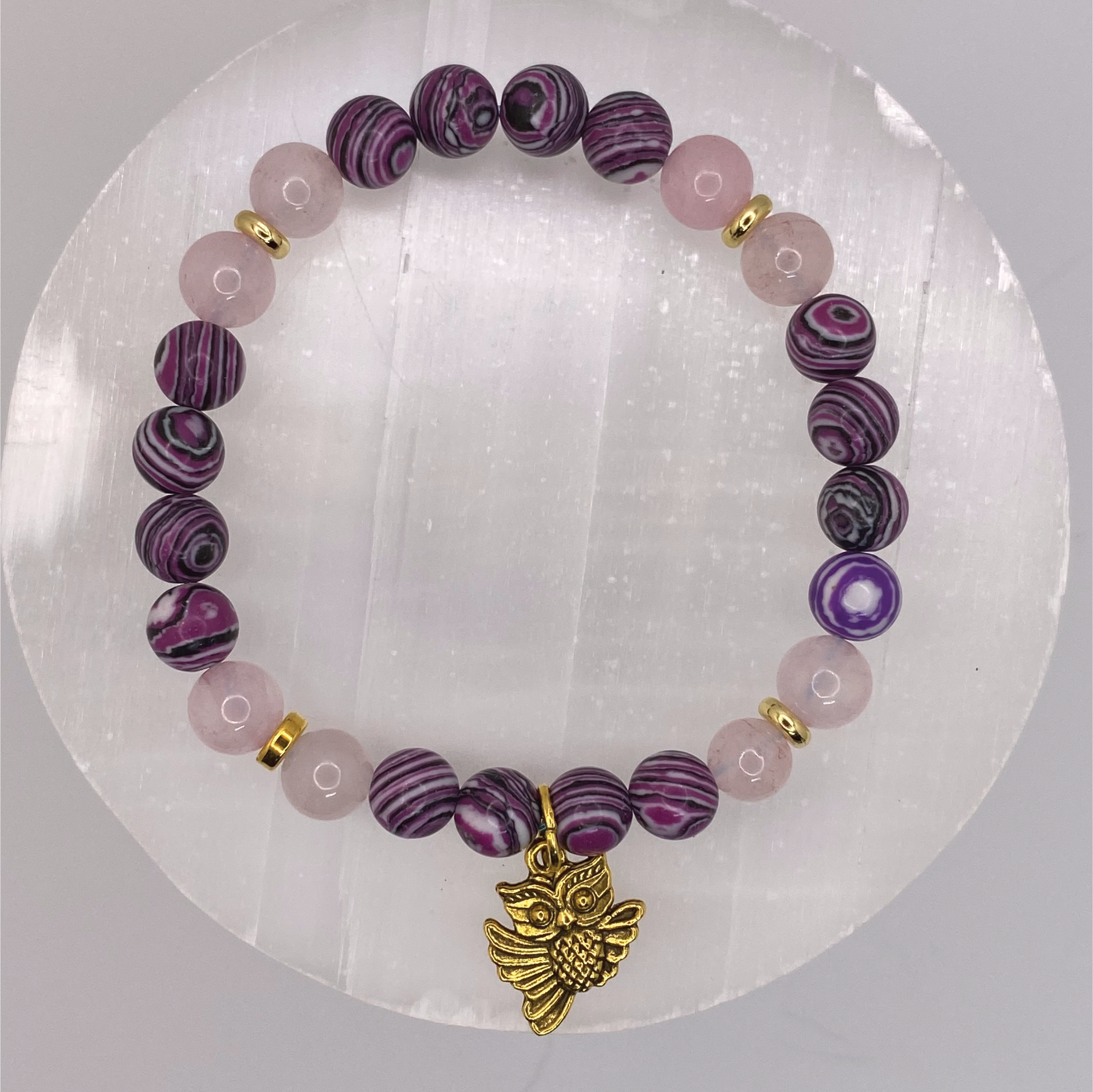 Purple Dragon Vein Rose Quartz Owl Charm Bracelet with Gold Spacers