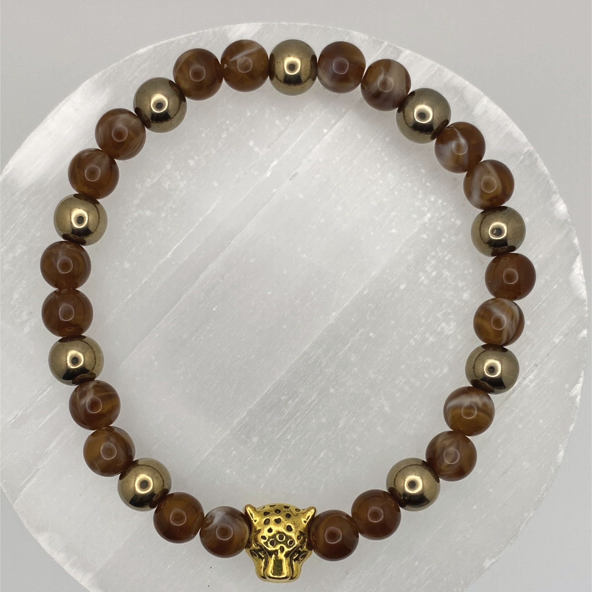 Tiger's Eye Hematite Leopard Charm Bracelet with Gold Spacers