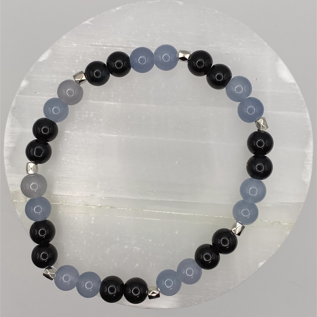 21 cm (8.3") Gray Black Glass Bracelet with Silver Spacers