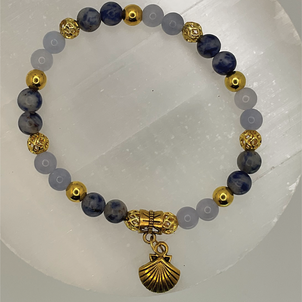 Blue Chalcedony Blue Sodalite Seashell Charm Bracelet with Gold Spacers