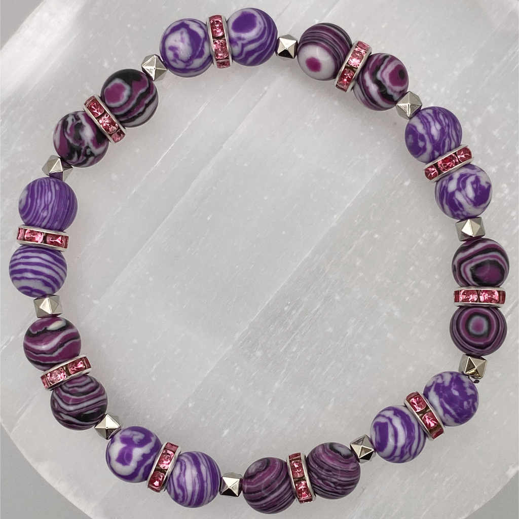 Pulsera de Ágata Vena de Dragón Púrpura con Separadores de Cristal Plateados