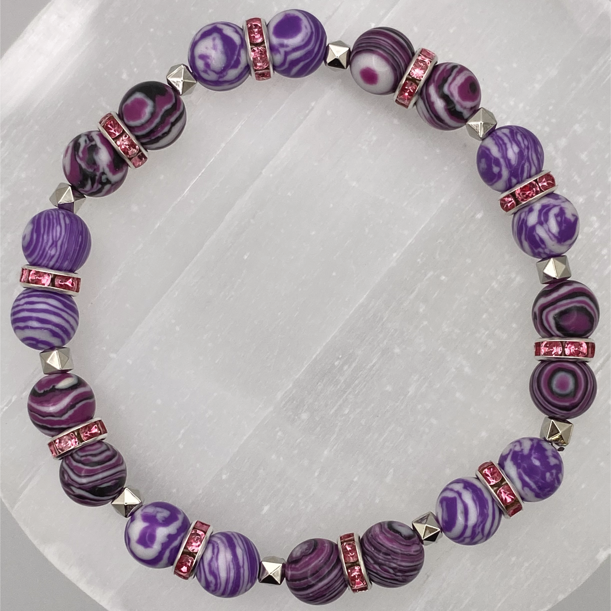Pulsera de Ágata Vena de Dragón Púrpura con Separadores de Cristal Plateados