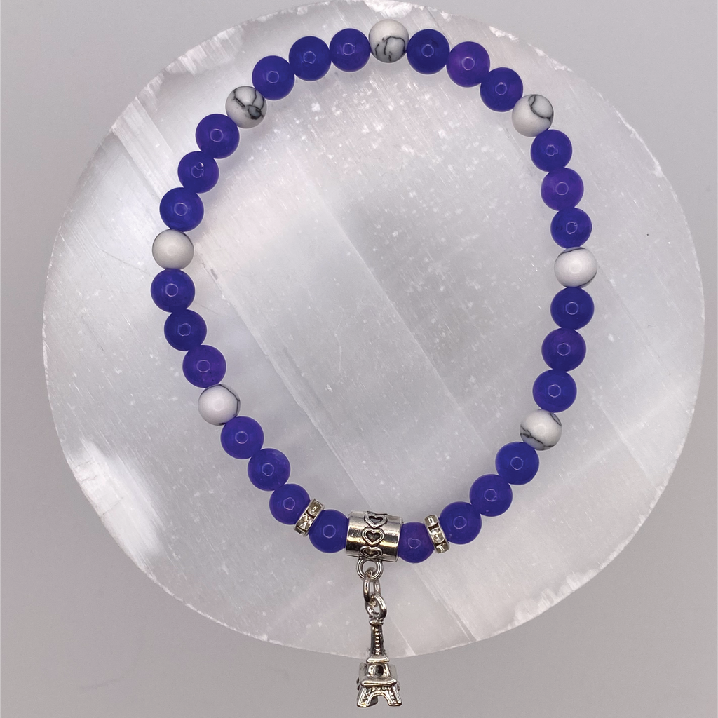 Amethyst Magnesite Eiffel Tower Charm Bracelet with Silver Tone Crystal Spacers