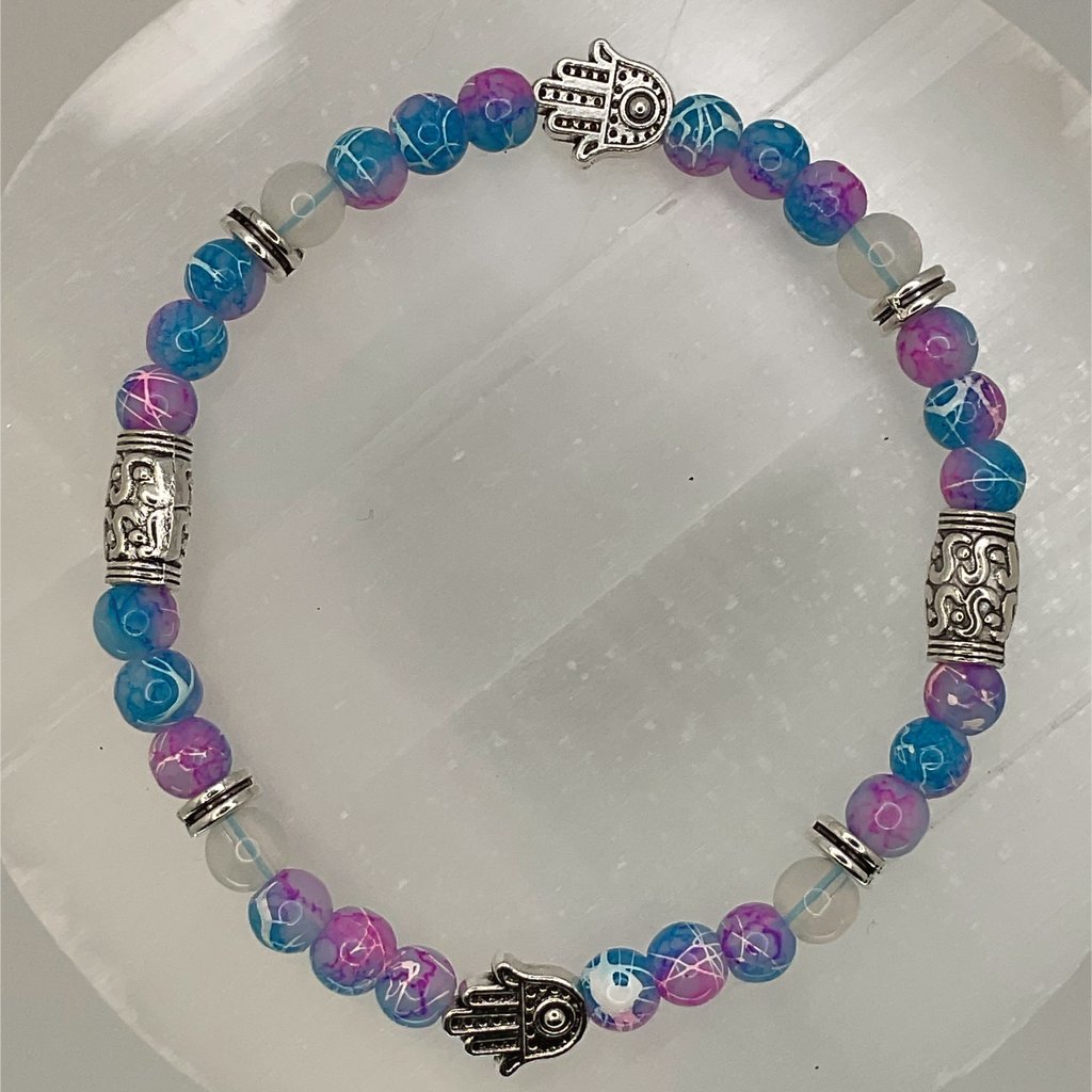 Blue and Pink Dragon Vein Agate Bracelet with Silver Spacers