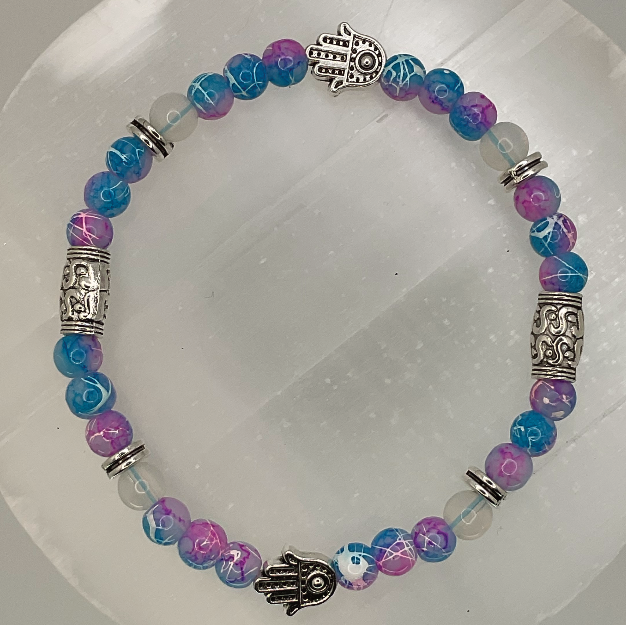 Blue and Pink Dragon Vein Agate Bracelet with Silver Spacers