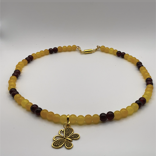 18" Yellow Maroon Butterfly Charm Glass Necklace