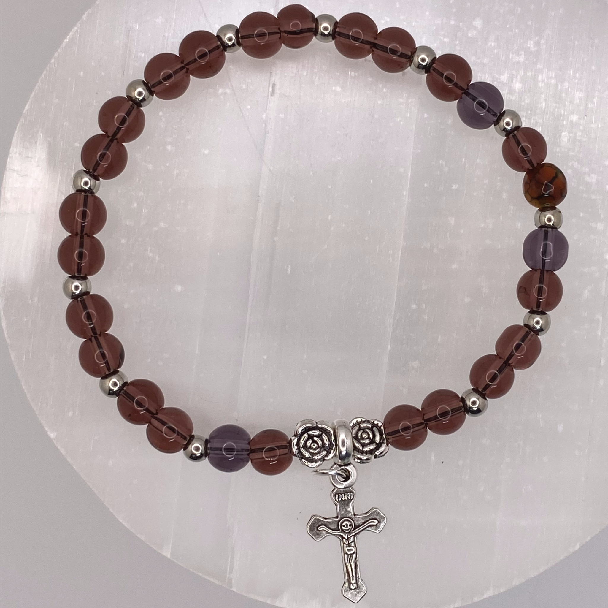Amethyst Cross Charm Bracelet with Tiny Silver Spacers