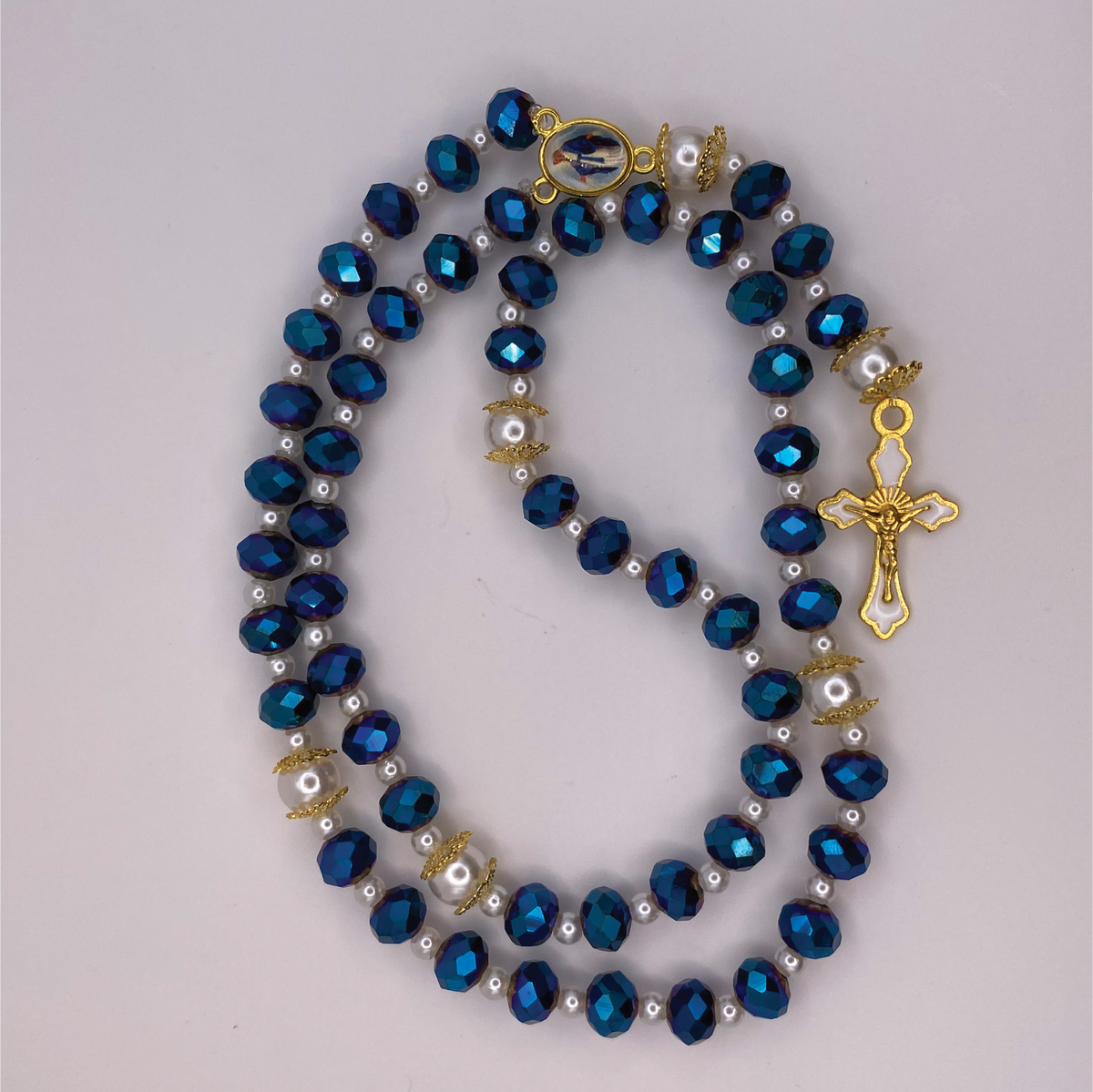 Blue Faceted Pearl Full 5 Decade Gold Rosary