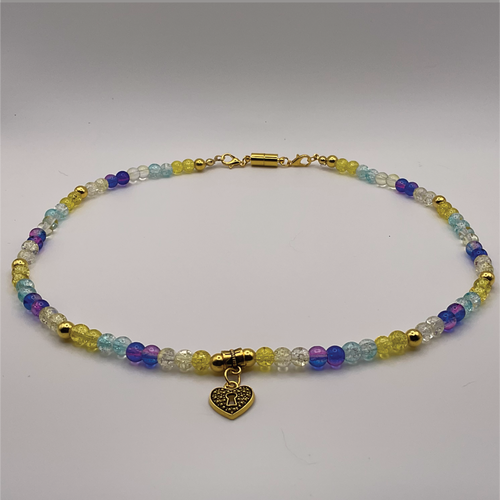 18" Crackle Yellow Light Blue Dark Blue Clear Locked Heart Glass Necklace with Gold Spacers