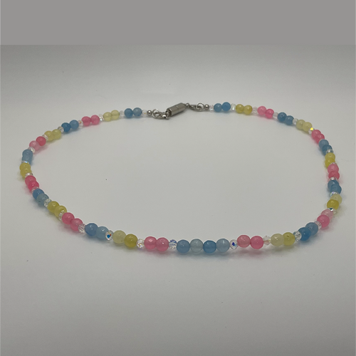 20" Pink Yellow Blue Chalcedony Agate Necklace with Crystal Spacers
