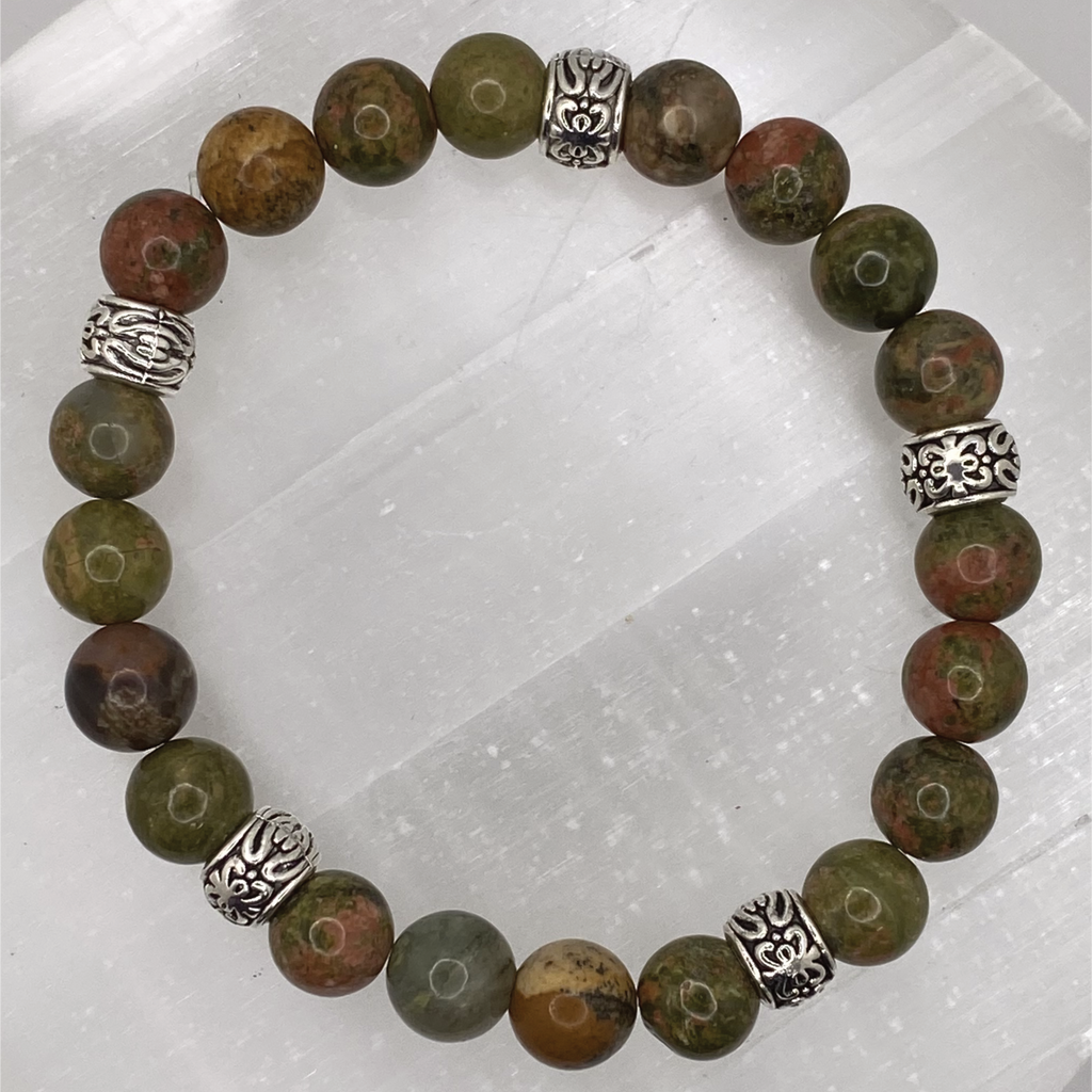 Unakite Bracelet with Silver Tone Barrel Spacers