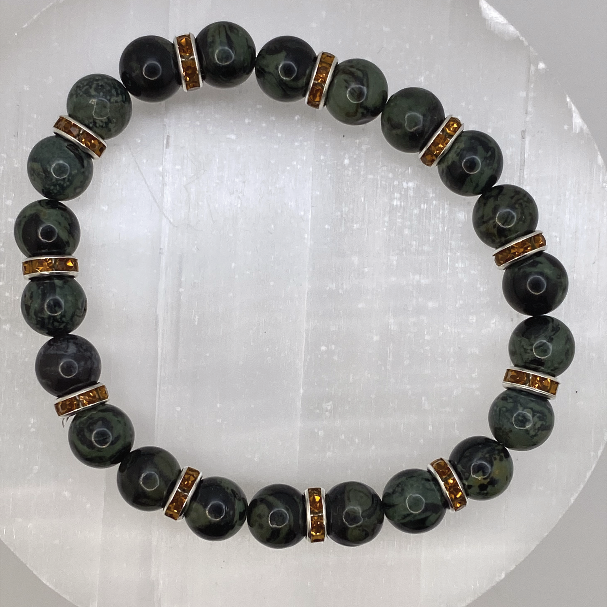 Kambaba Jasper Bracelet with Gold Crystal Silver Spacers