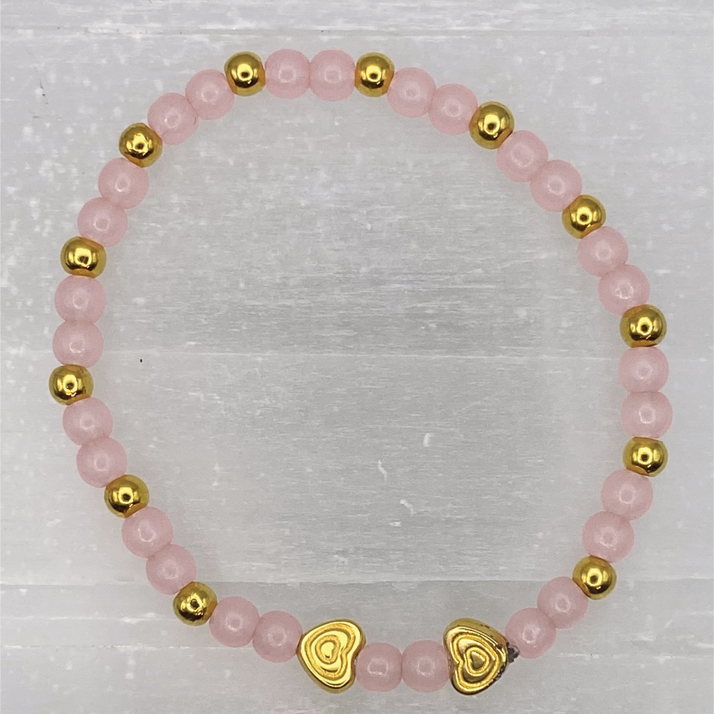 15 cm (5.9") Pink Opal Gold Hearts Bracelet with Gold Spacers