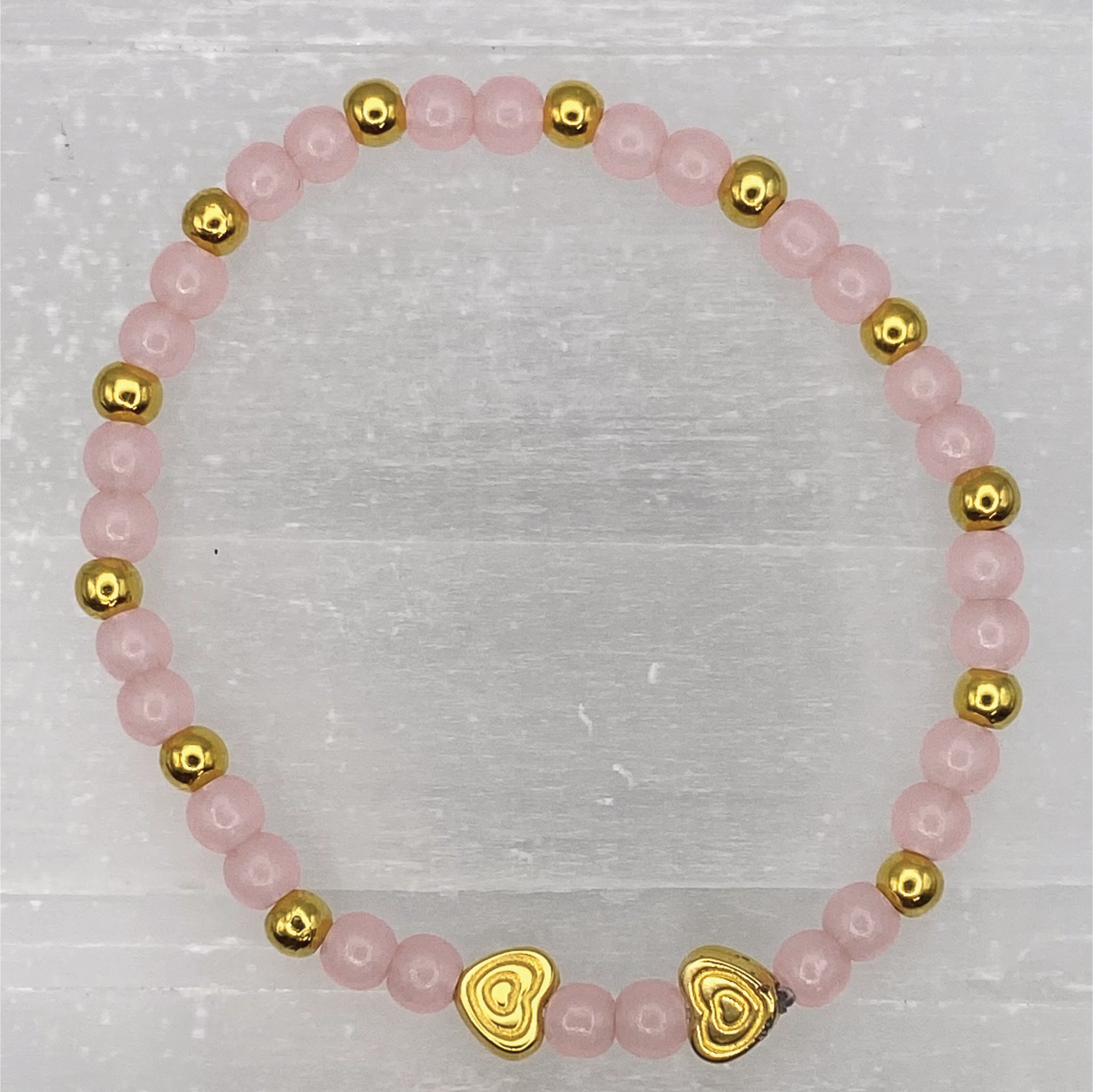 15 cm (5.9") Pink Opal Gold Hearts Bracelet with Gold Spacers