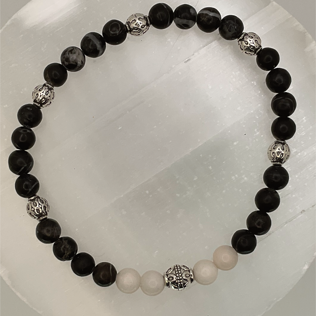 Black Agate Milky Quartz Bracelet with Silver Spacers