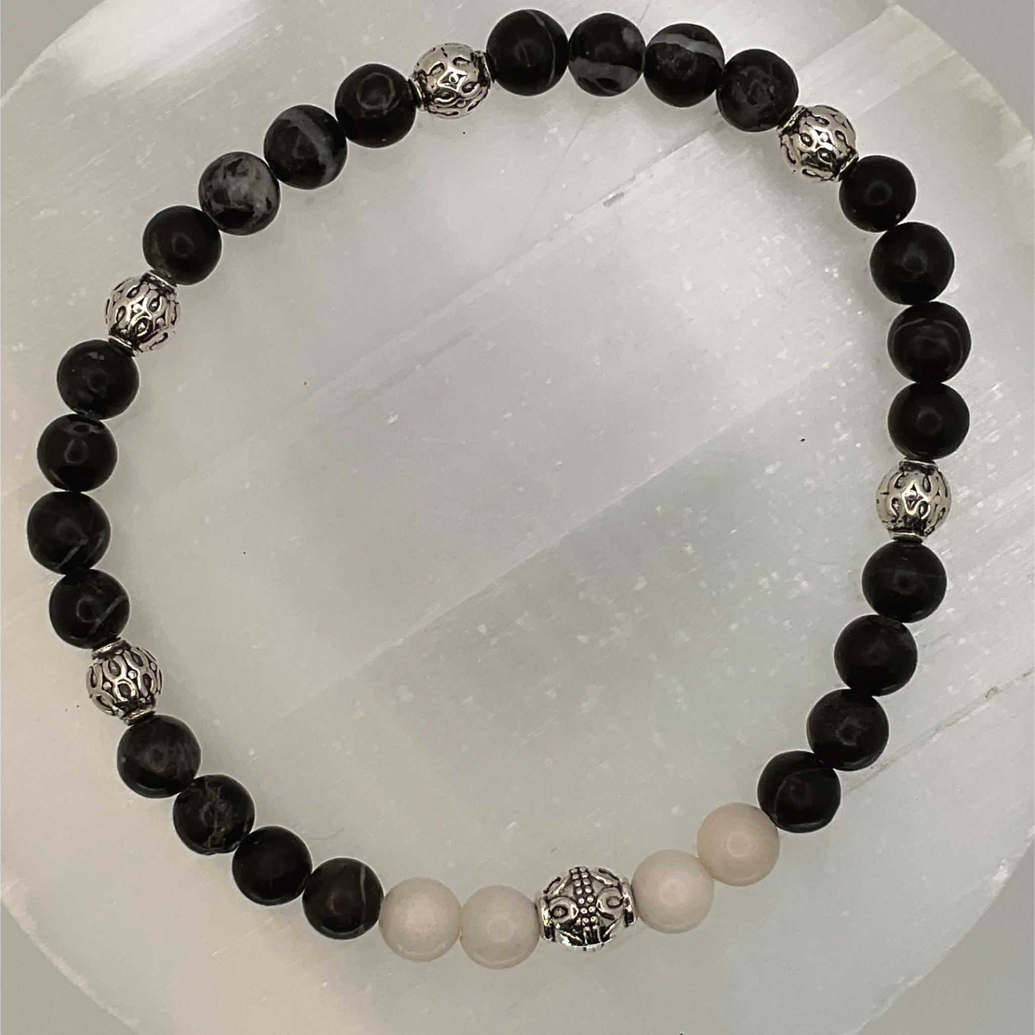 Black Agate Milky Quartz Bracelet with Silver Spacers