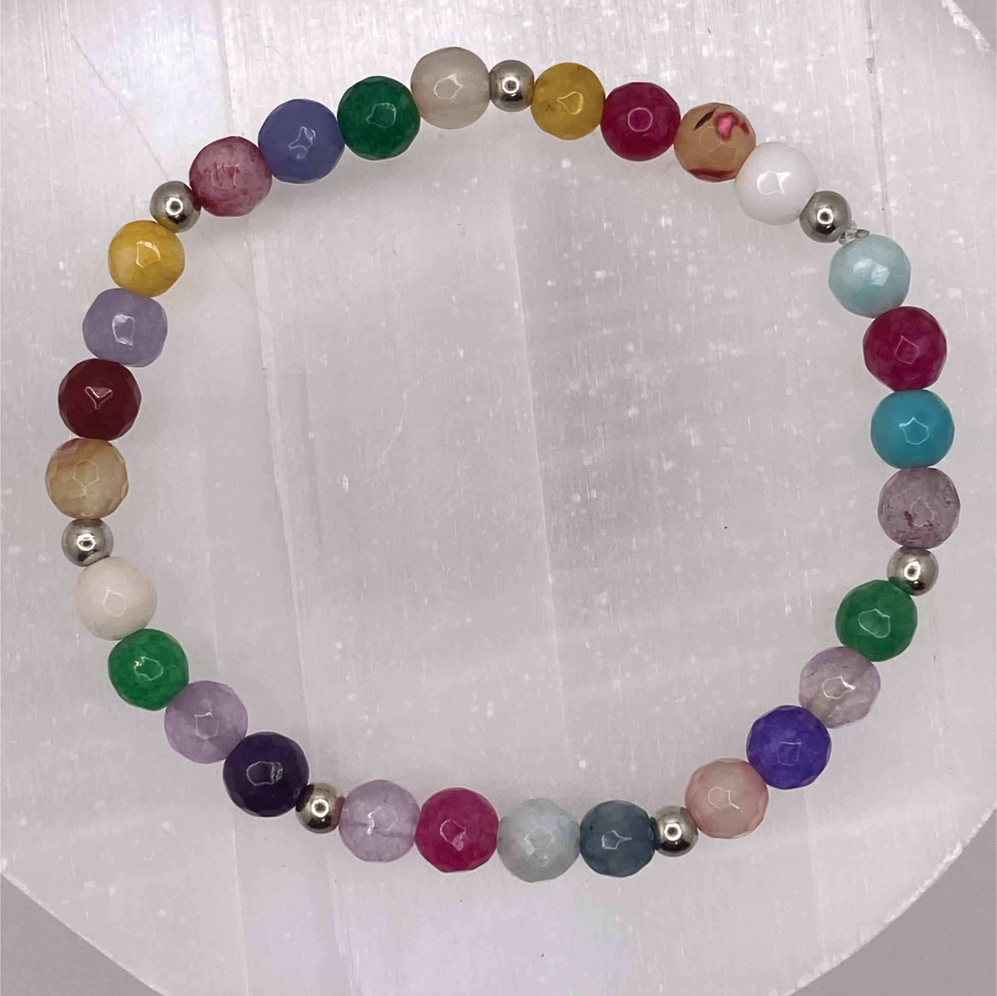 Multicolor Dragon Vein Agate Bracelet with Silver Tone Spacers