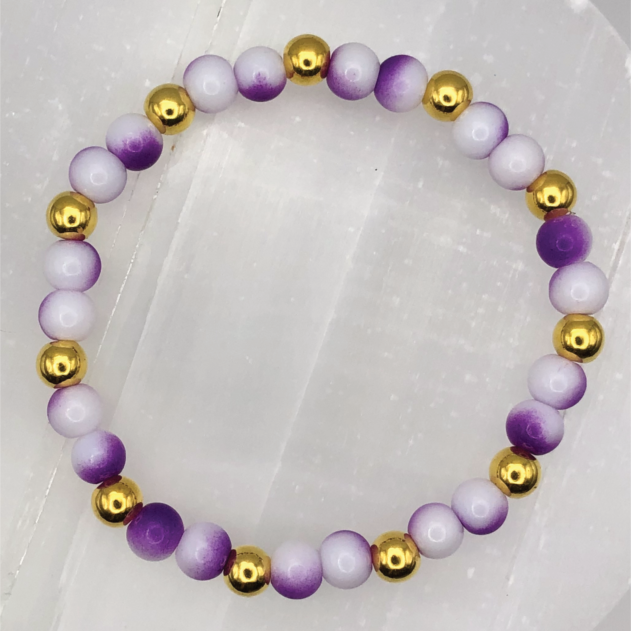 Purple White Glass Bracelet with Gold Spacers