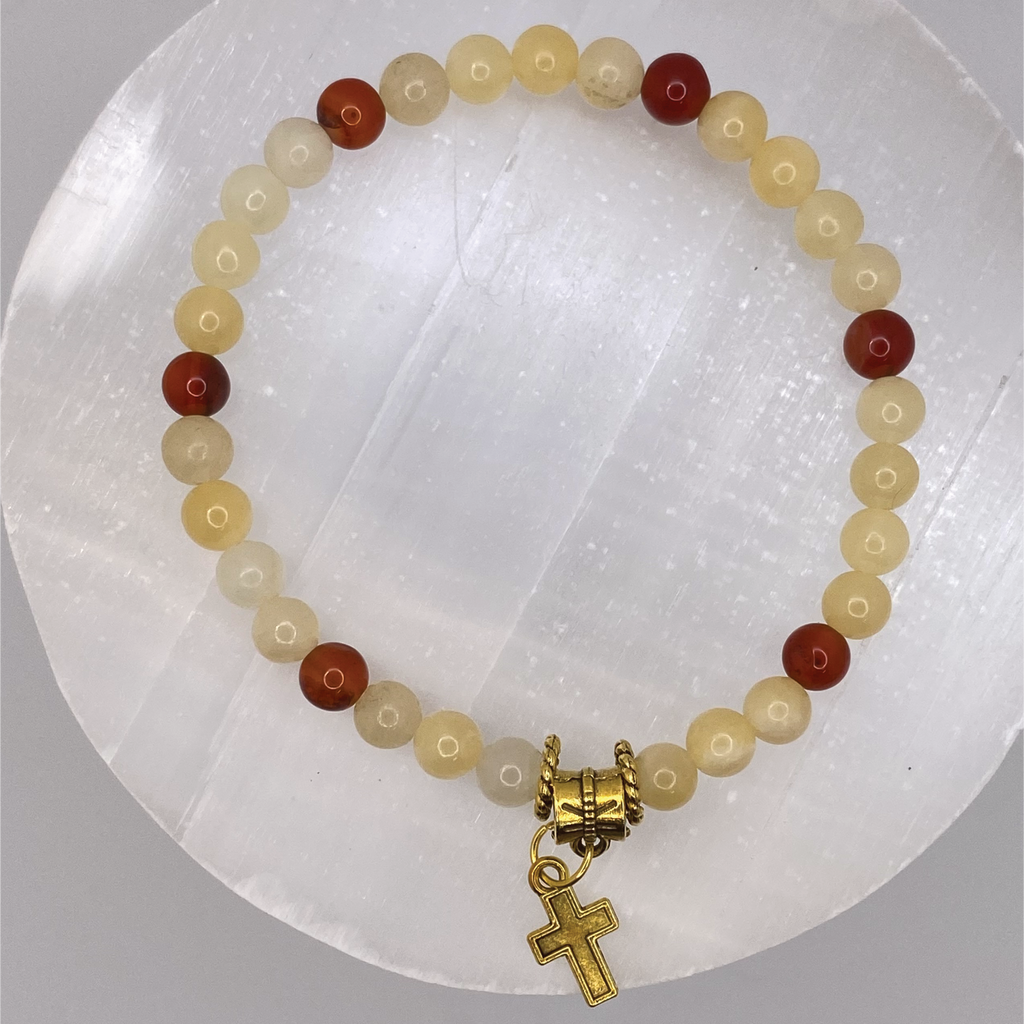 Carnelian Agate Oriental Agate Gold Cross Charm Bracelet