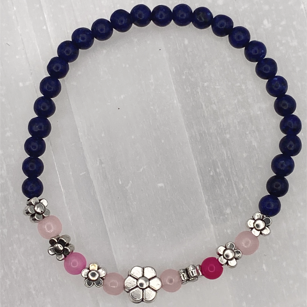 14.5 cm (5.7") Sodalite Pink Dragon Vein Agate Silver Flowers Bracelet