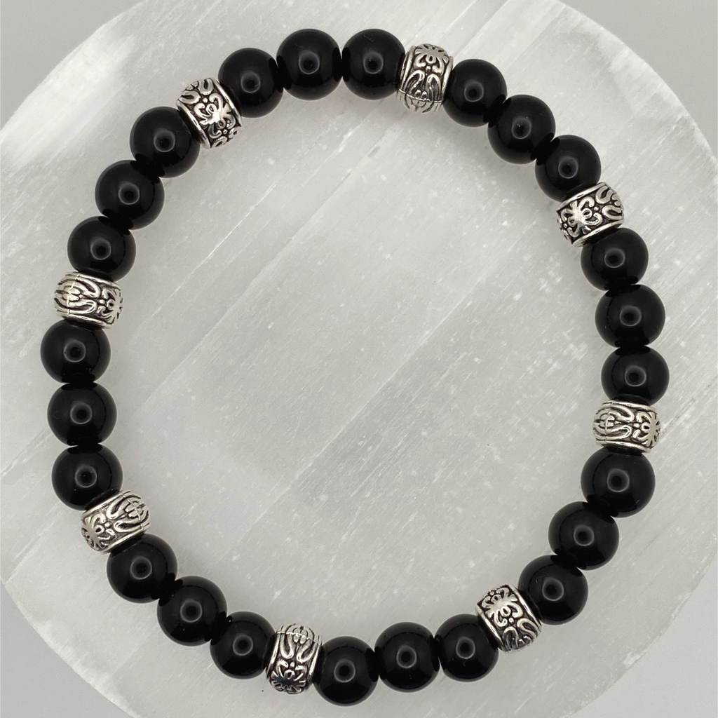 Black Agate Bracelet with Silver Spacers