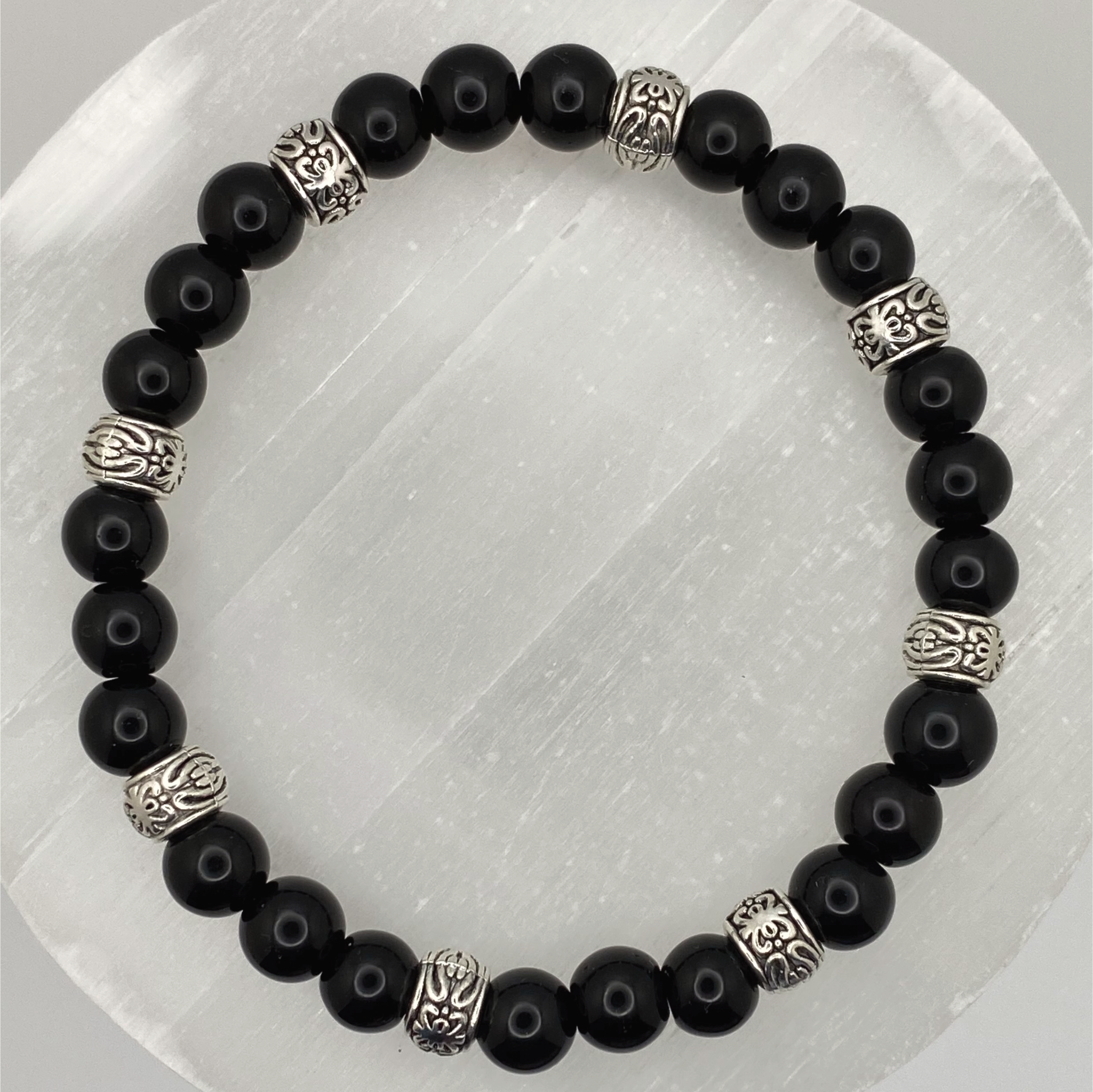 Black Agate Bracelet with Silver Spacers