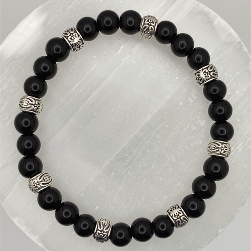 Black Agate Bracelet with Silver Spacers