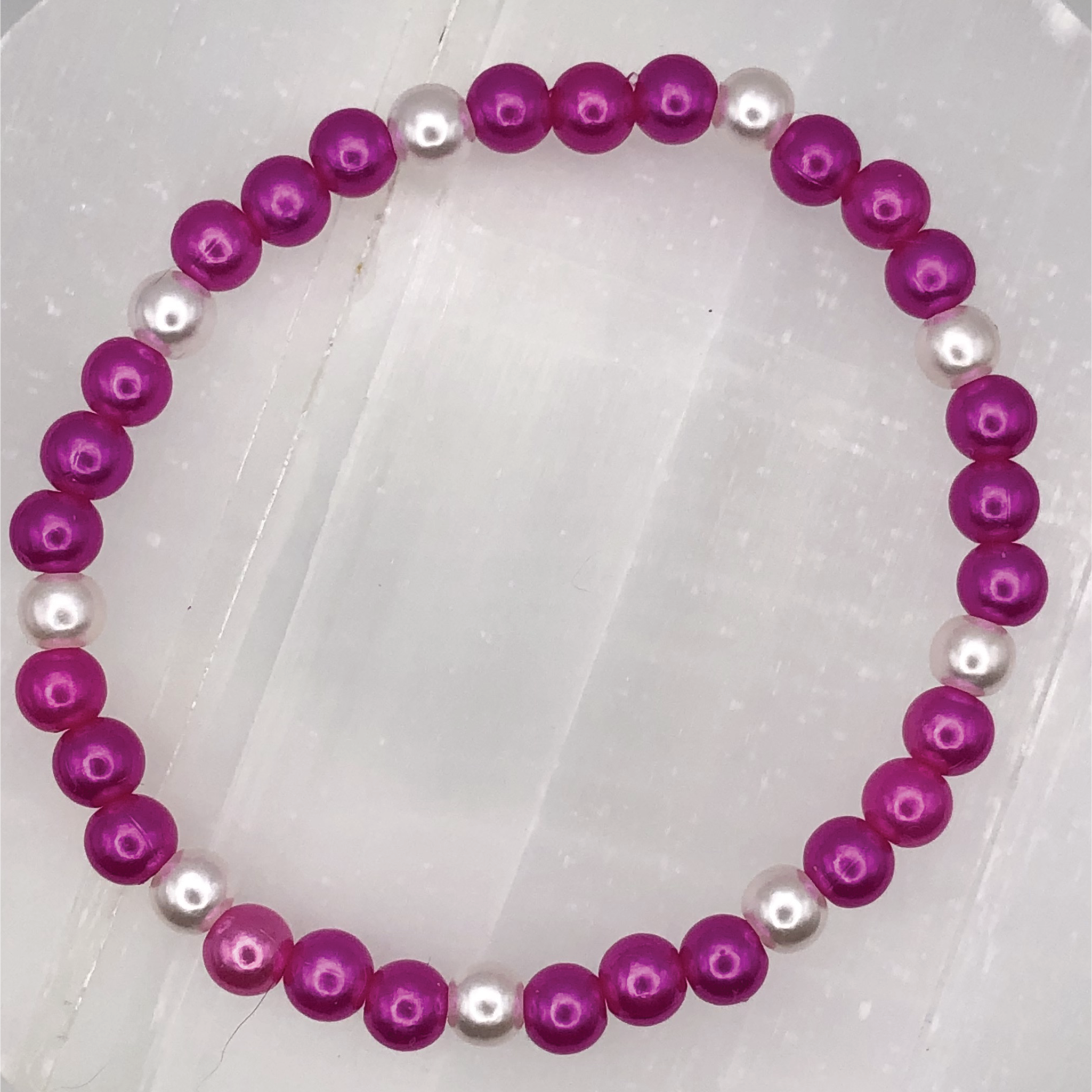 Dark Pink Glass Bracelet with Pearl Spacers
