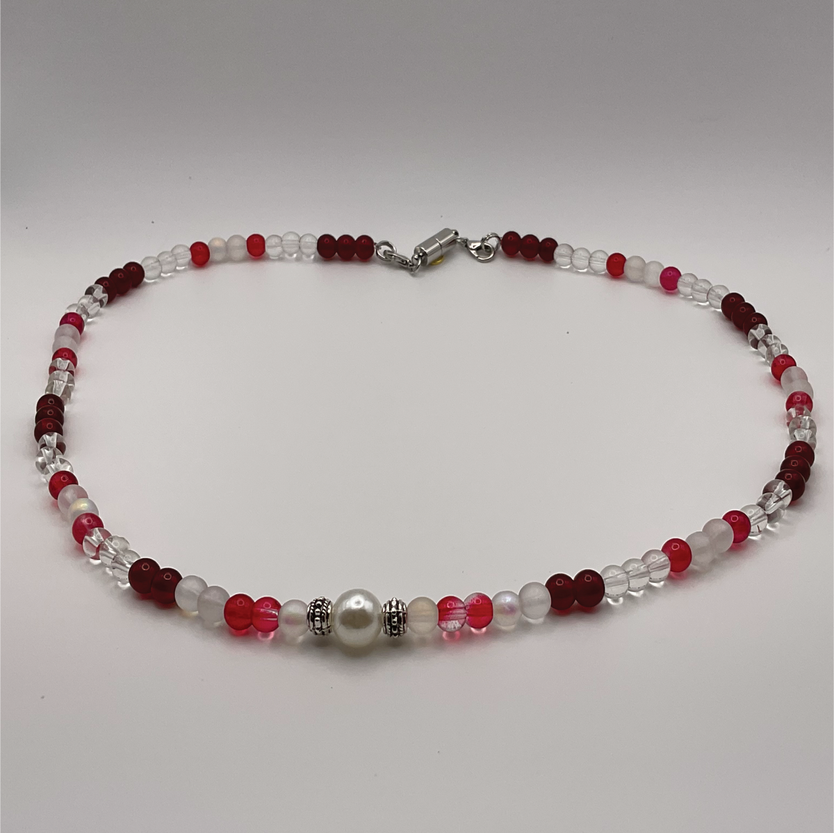 20" Red Clear Milky White Pearl Glass Necklace with Silver Spacers